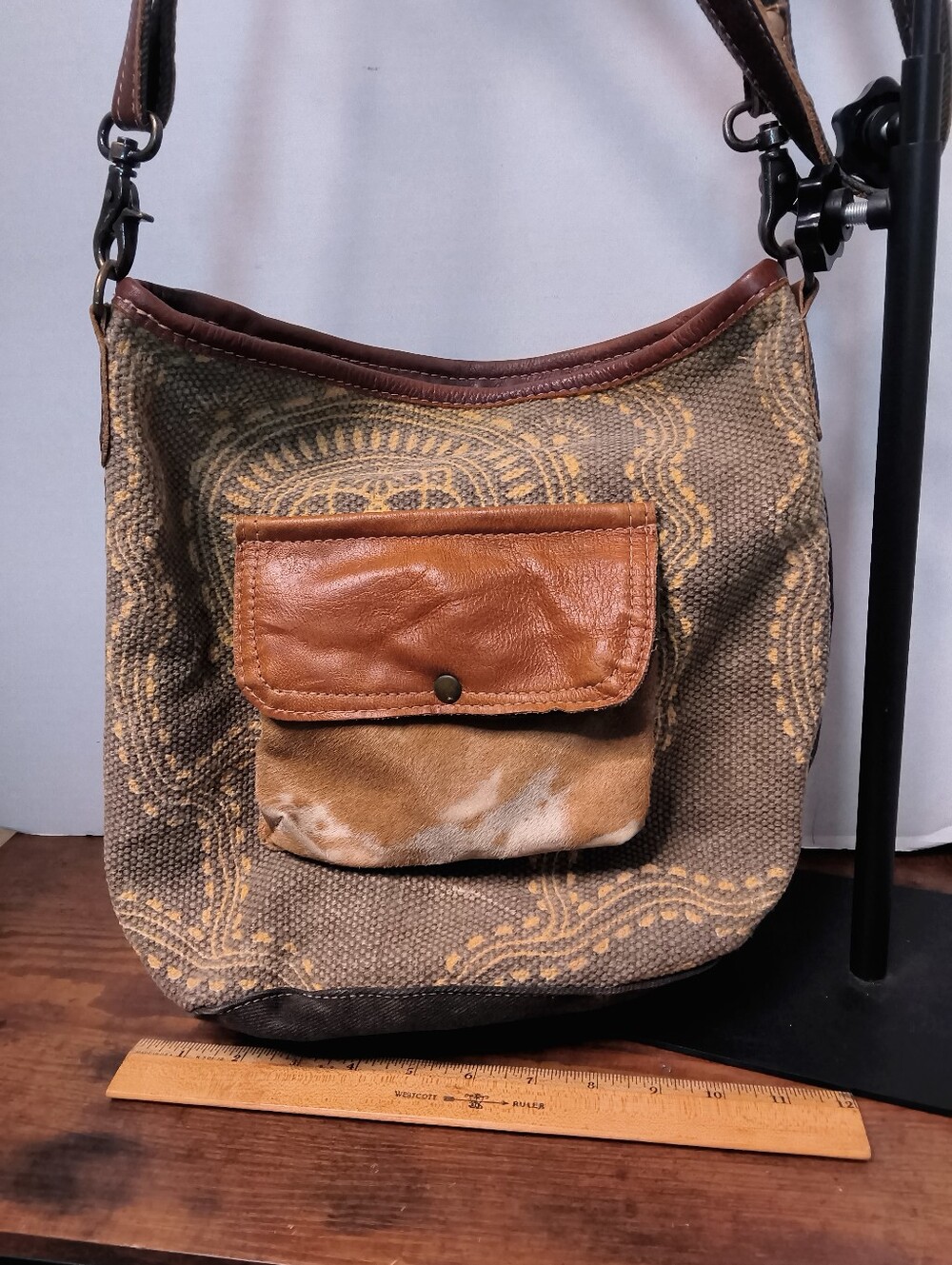 Myra Bags Patterned Brown Canvas & Fur OnLeather Shoulder Bag